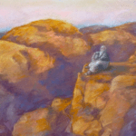 Darstellung Elijas, der inmitten seines inneren Aufruhrs auf einem Hügel sitzt, beschrieben in 1Kings 19 (esp. vv 9-15)